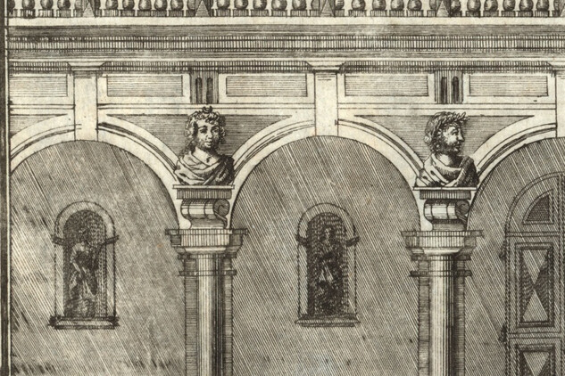 Kolonáda v Květné zahrada, Kroměříž, Justus van den Nypoort, 1691, rytina, Arcibiskupství olomoucké – Arcidiecézní muzeum Kroměříž