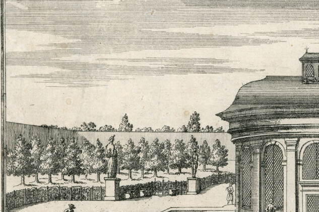 Ptáčnice v Květné zahradě, Kroměříž, Justus van den Nypoort, 1691, rytina, Arcibiskupství olomoucké – Arcidiecézní muzeum Kroměříž