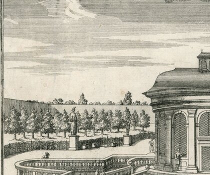 Ptáčnice v Květné zahradě, Kroměříž, Justus van den Nypoort, 1691, rytina, Arcibiskupství olomoucké – Arcidiecézní muzeum Kroměříž Ptáčnice v Květné zahradě, Kroměříž, Justus van den Nypoort, 1691, rytina, Arcibiskupství olomoucké – Arcidiecézní muzeum Kroměříž